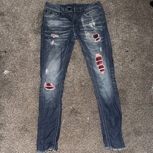 True Religion Distressed Blue Slim Jeans with Red Accents